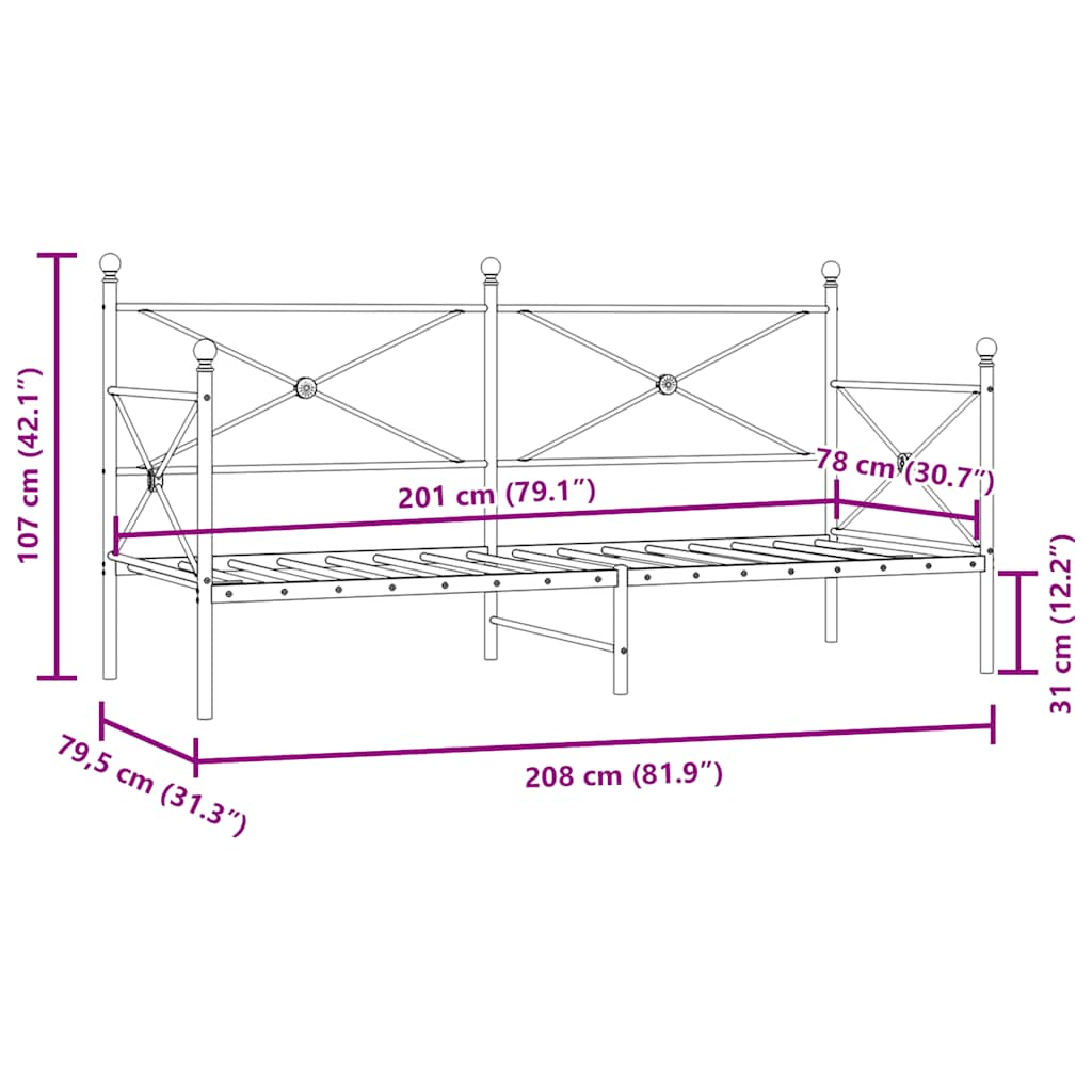 Dormeuse senza Materasso Bianco 80x200 cm in Acciaio