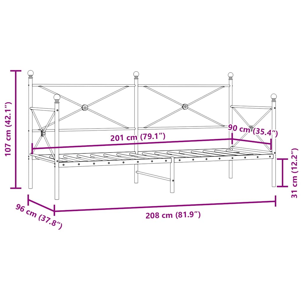 Dormeuse senza Materasso Bianco 90x200 cm in Acciaio