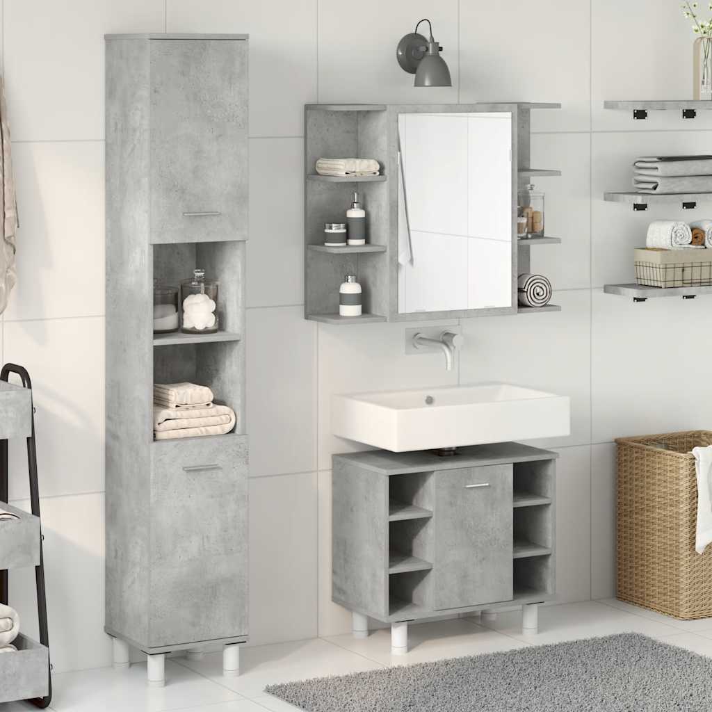 Set Mobili da Bagno 3 pz Grigio Cemento in Legno Multistrato