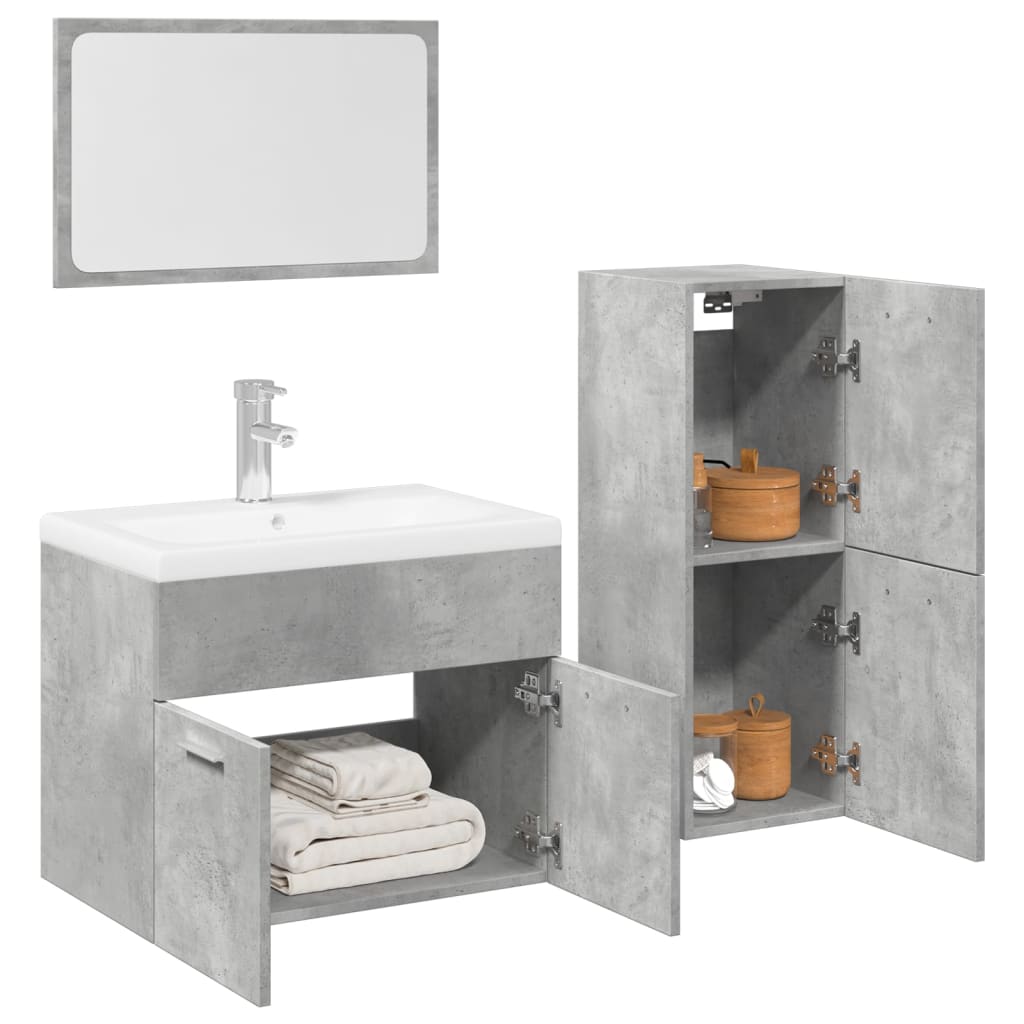 Set Mobili da Bagno 3 pz Grigio Cemento in Legno Multistrato