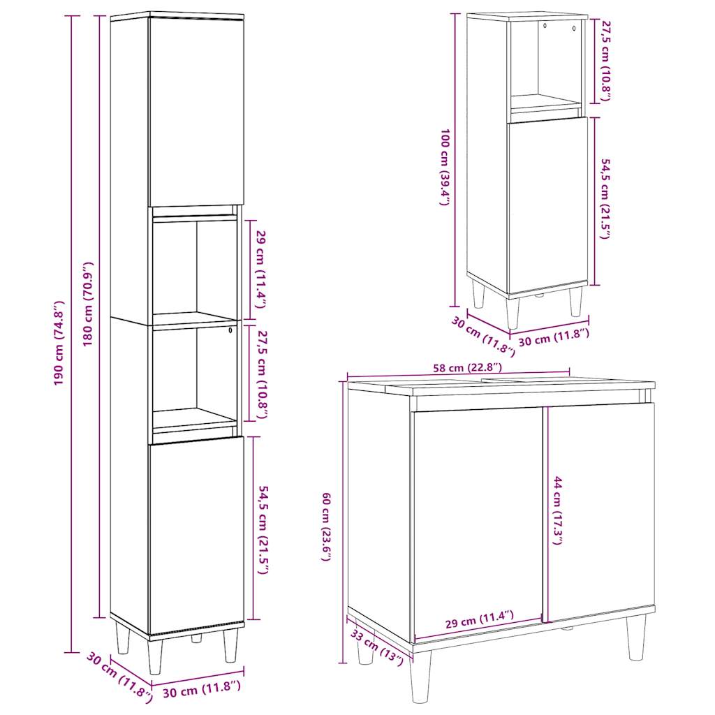 Set Mobili da Bagno 3 pz Grigio Cemento in Legno Multistrato | homemem39