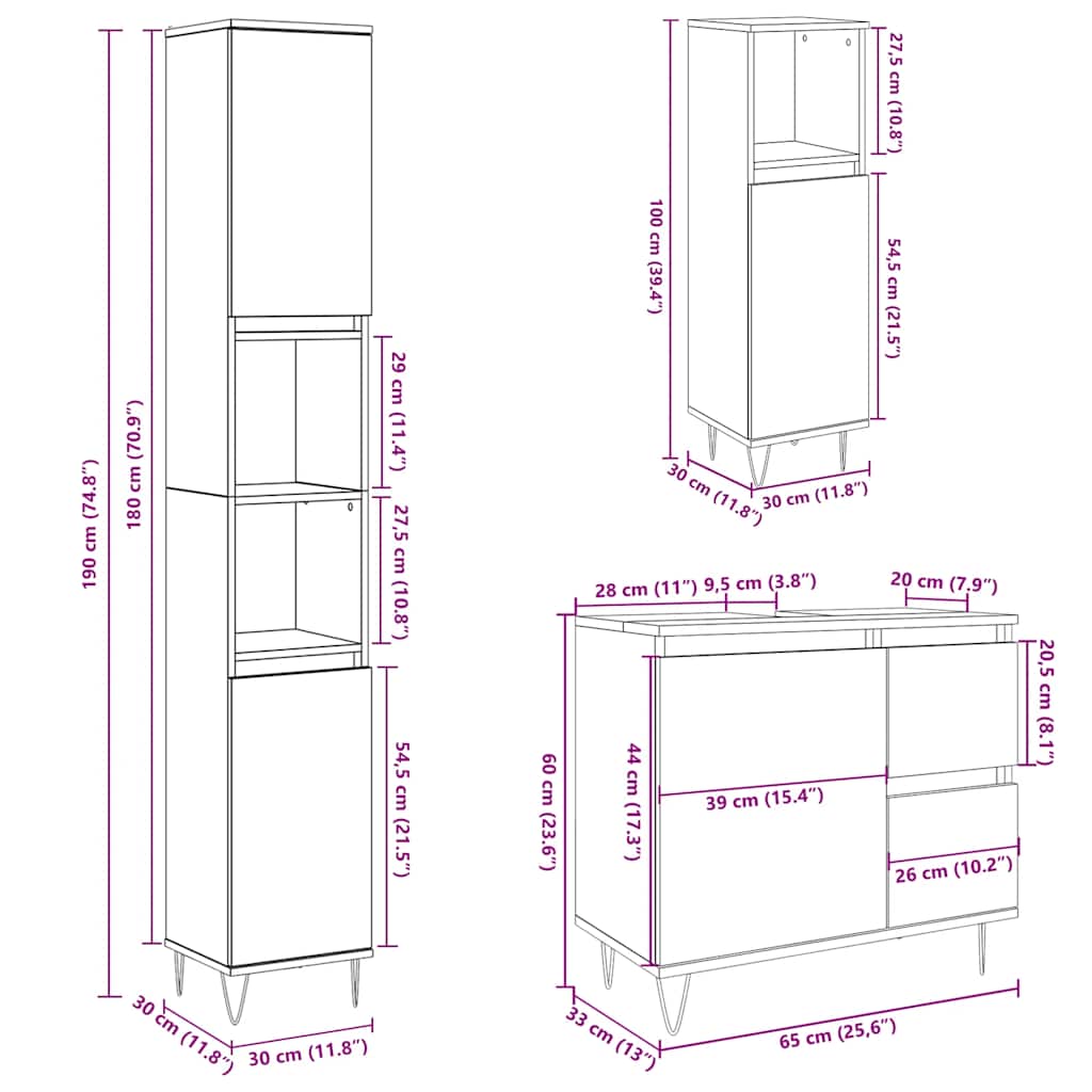 Set Mobili da Bagno 3 pz Grigio Cemento in Legno Multistrato | homemem39