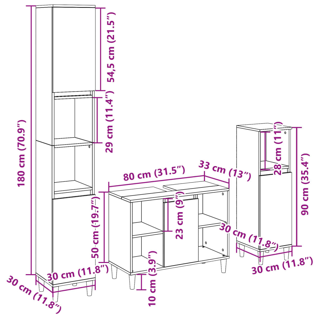 Set Mobili da Bagno 3 pz Rovere Sonoma in Legno Multistrato | homemem39