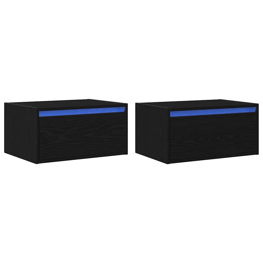 Comodini a Parete con Luci LED 2 pz Rovere Neri - homemem39