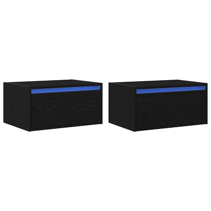 Comodini a Parete con Luci LED 2 pz Rovere Neri - homemem39