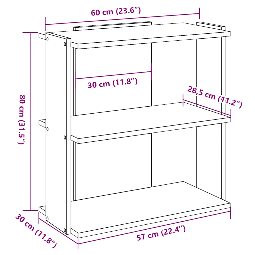Libreria a 3 Ripiani Legno Antico 60x30x80 cm Legno Multistrato | homemem39