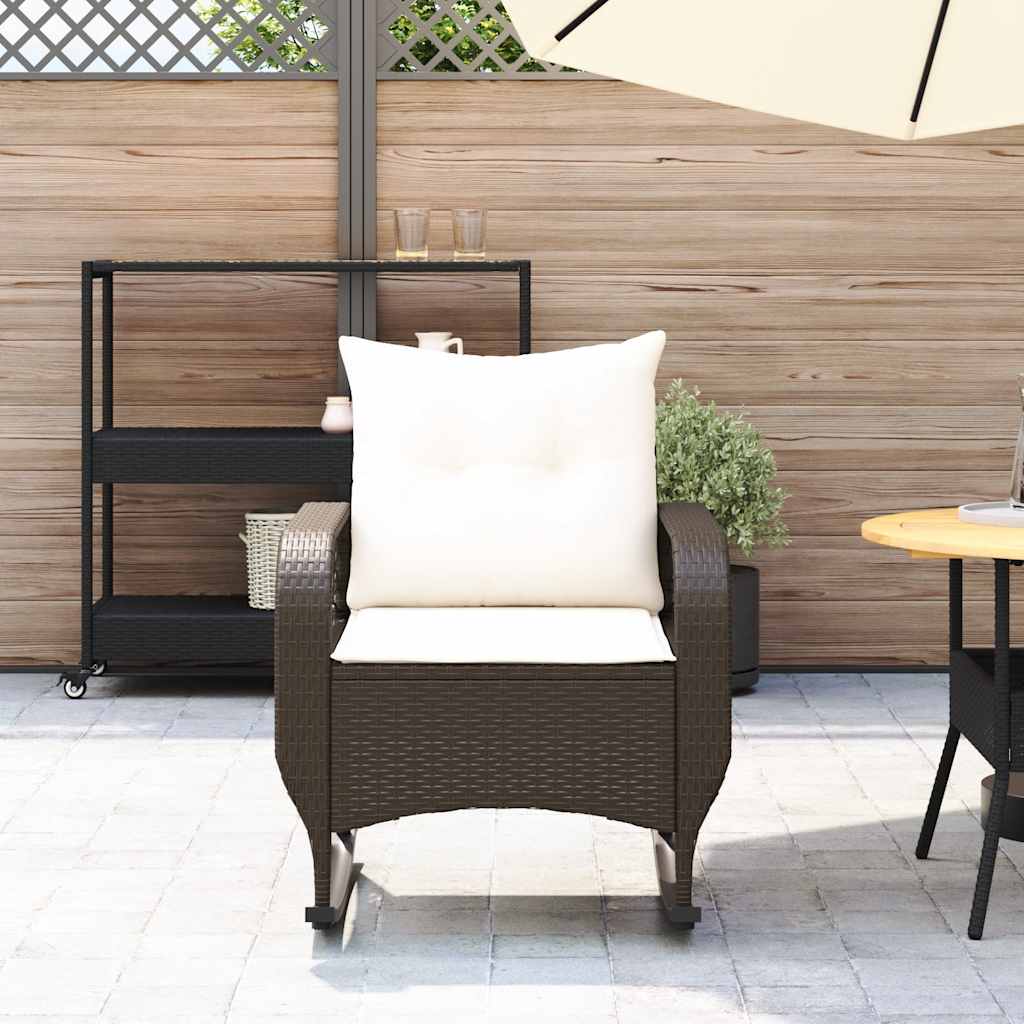 Sedia a Dondolo da Giardino con Cuscini in Polyrattan Marrone