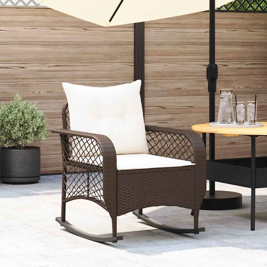 Sedia a Dondolo da Giardino con Cuscini in Polyrattan Marrone