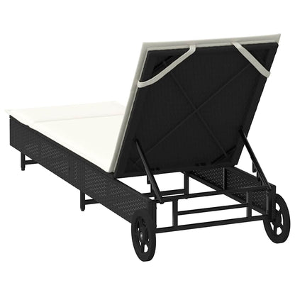 Lettino Prendisole con Ruote e Cuscino in Polyrattan Nero - homemem39
