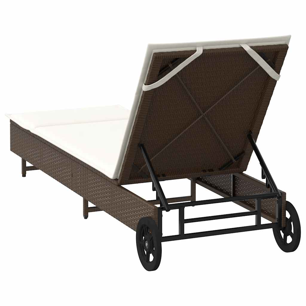 Lettino Prendisole con Ruote e Cuscino in Polyrattan Marrone - homemem39
