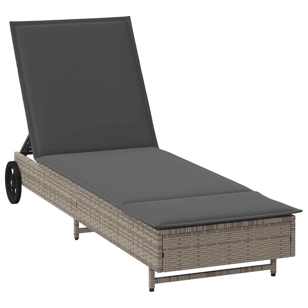 Lettino Prendisole con Ruote e Cuscino in Polyrattan Grigio - homemem39