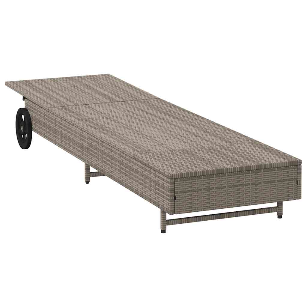 Lettino Prendisole con Ruote e Cuscino in Polyrattan Grigio - homemem39