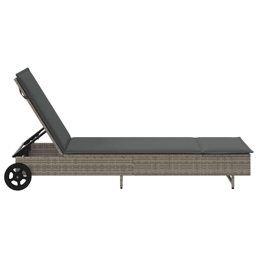 Lettino Prendisole con Ruote e Cuscino in Polyrattan Grigio - homemem39