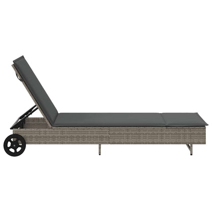 Lettino Prendisole con Ruote e Cuscino in Polyrattan Grigio - homemem39