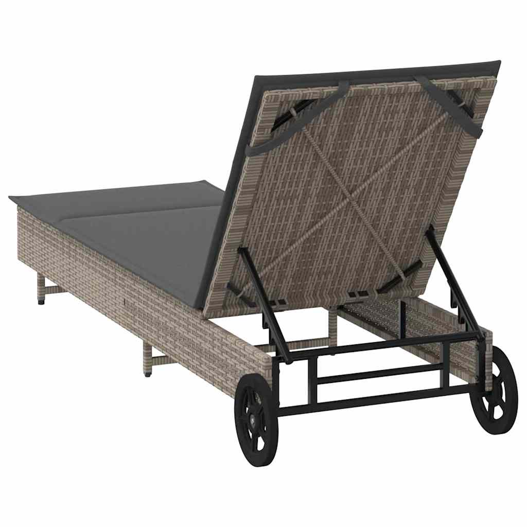 Lettino Prendisole con Ruote e Cuscino in Polyrattan Grigio - homemem39