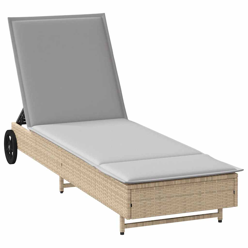 Lettino Prendisole con Ruote e Cuscino in Polyrattan Beige - homemem39
