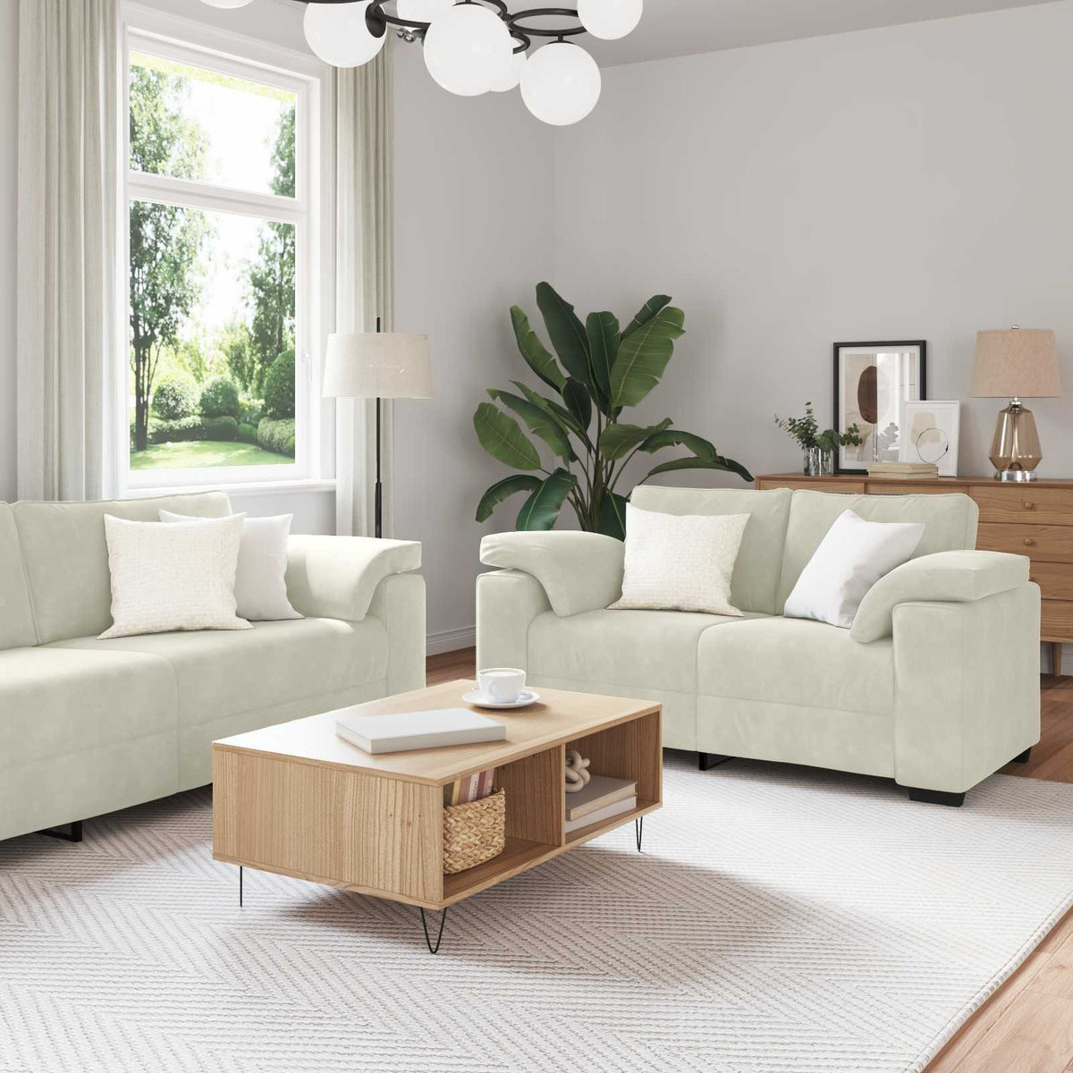 Set di Divani 3 pz con Cuscini Crema in Velluto