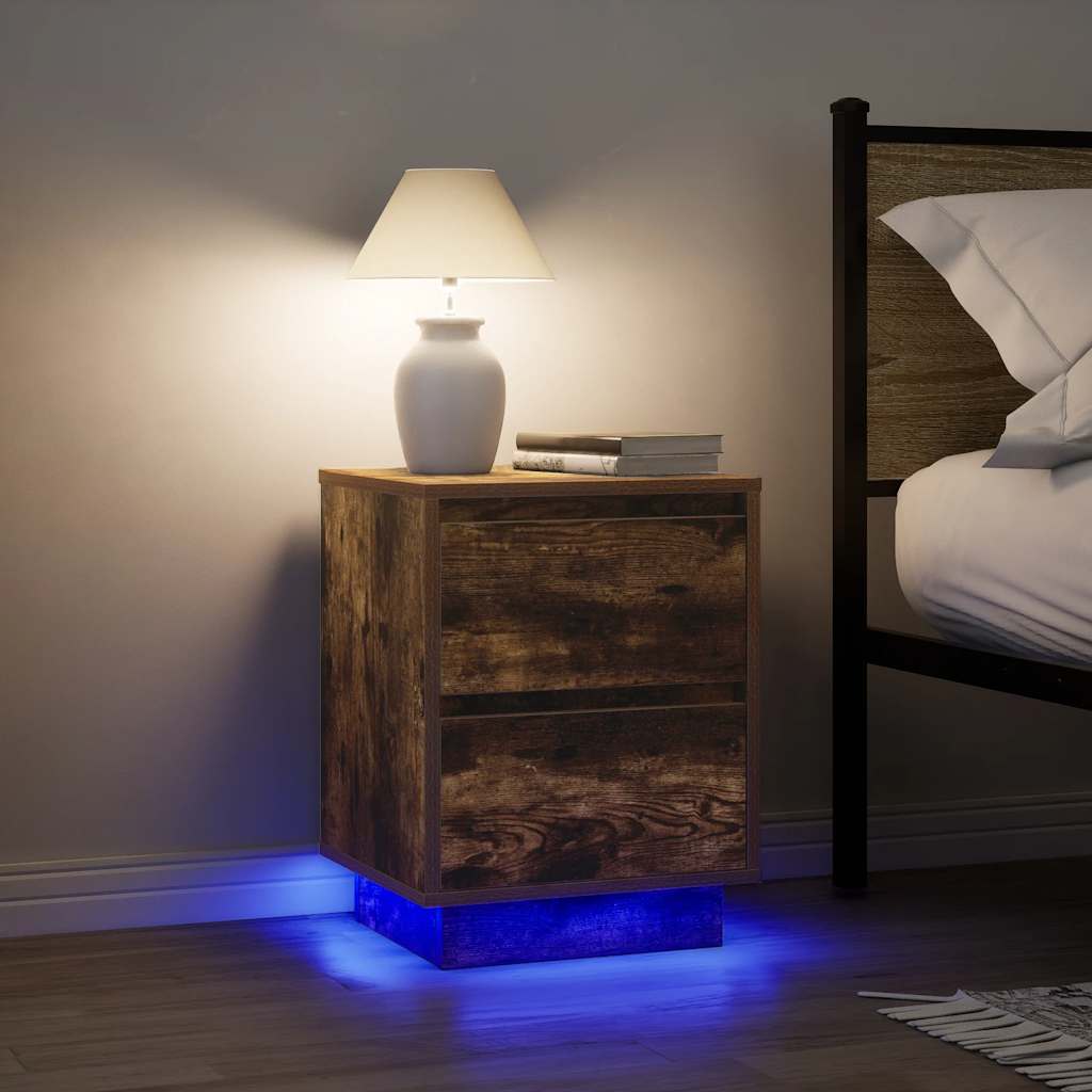 Comodino con Luci LED Rovere Fumo 38x34x50 cm - homemem39