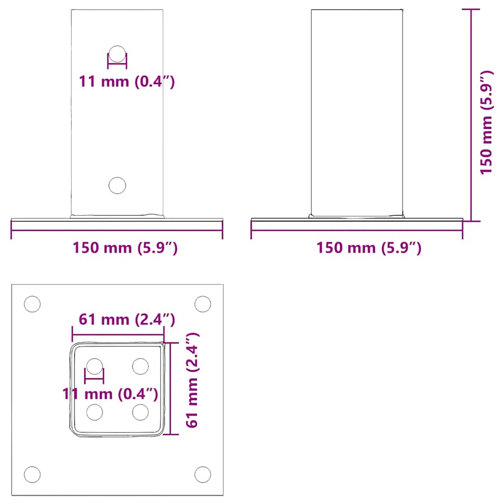 Basi per Pali Quadrate 4 pz Argento 61x61 mm in Acciaio Zincato | homemem39