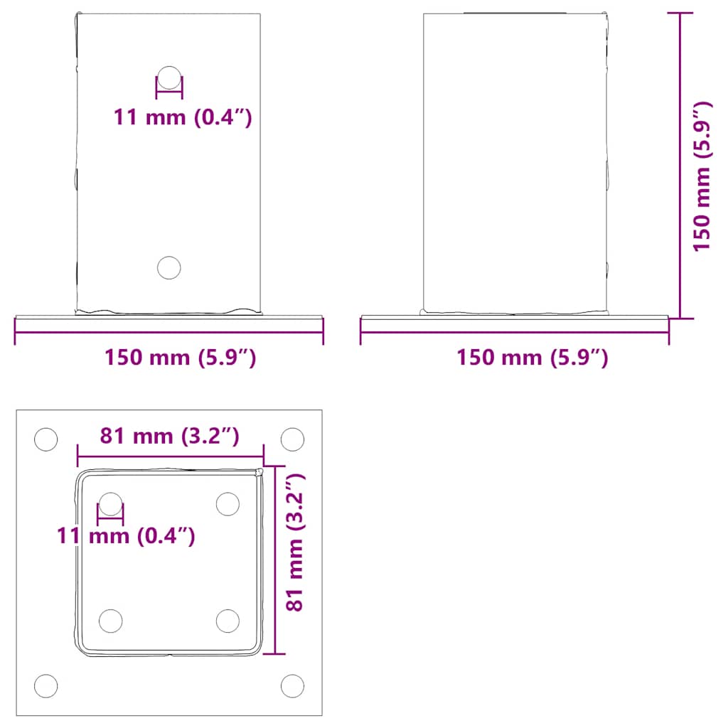 Basi per Pali Quadrate 4 pz Argento 81x81 mm in Acciaio Zincato | homemem39