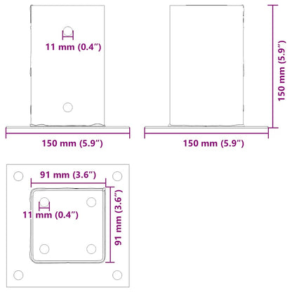 Basi per Pali Quadrate 4 pz Argento 91x91 mm in Acciaio Zincato | homemem39
