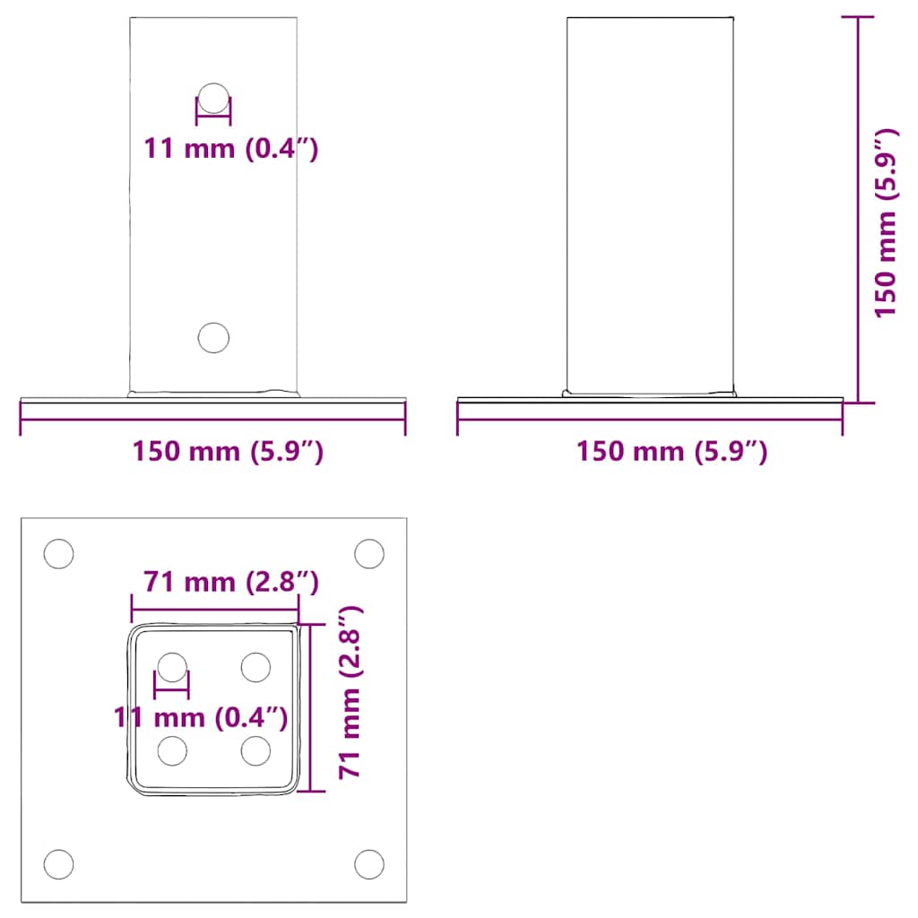 Basi per Pali Quadrati 4 pz 71x71 mm Acciaio Verniciato Polvere | homemem39