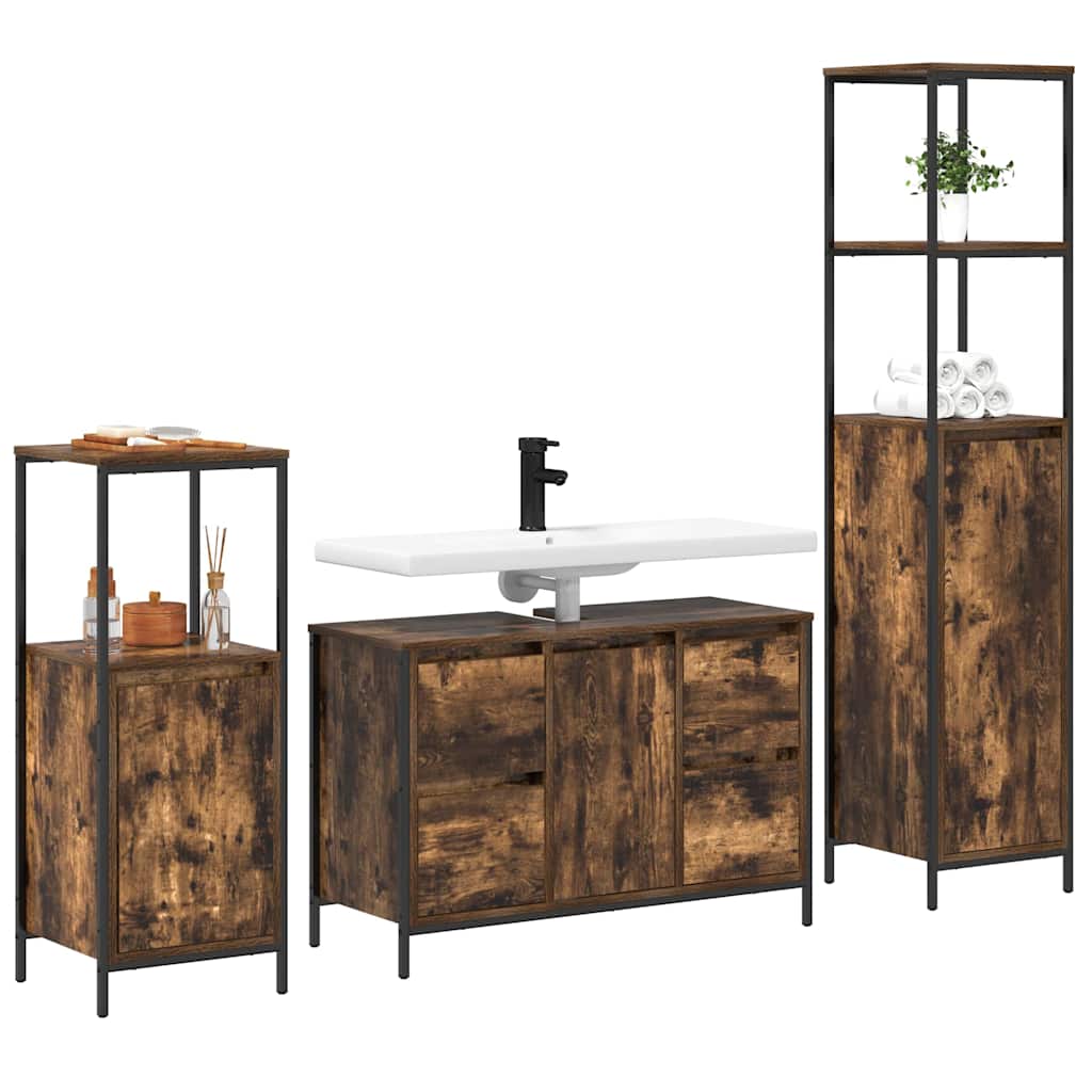 Set di mobili per il bagno 3 pz Rovere Affumicato e Nero | homemem39