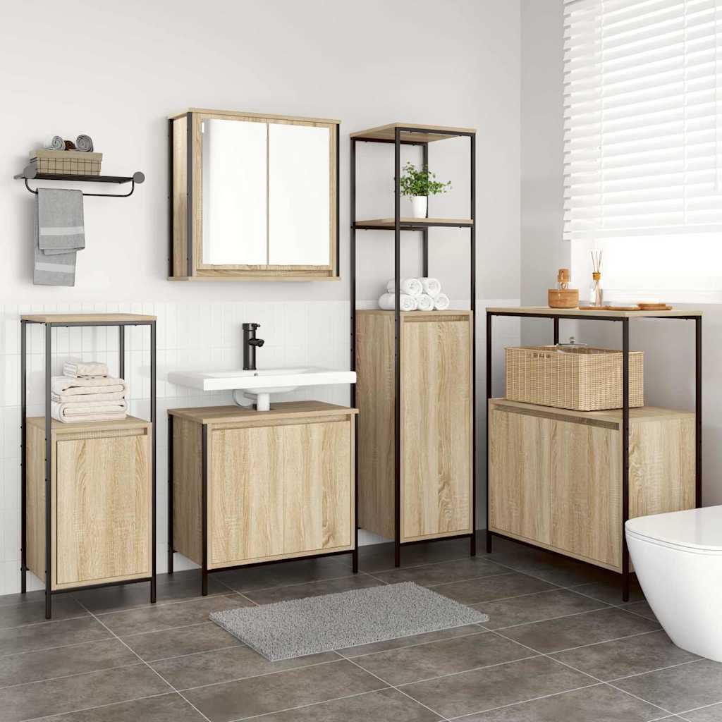 Set di mobili per il bagno con porta 5 pcs Rovere Sonoma e Nero | homemem39