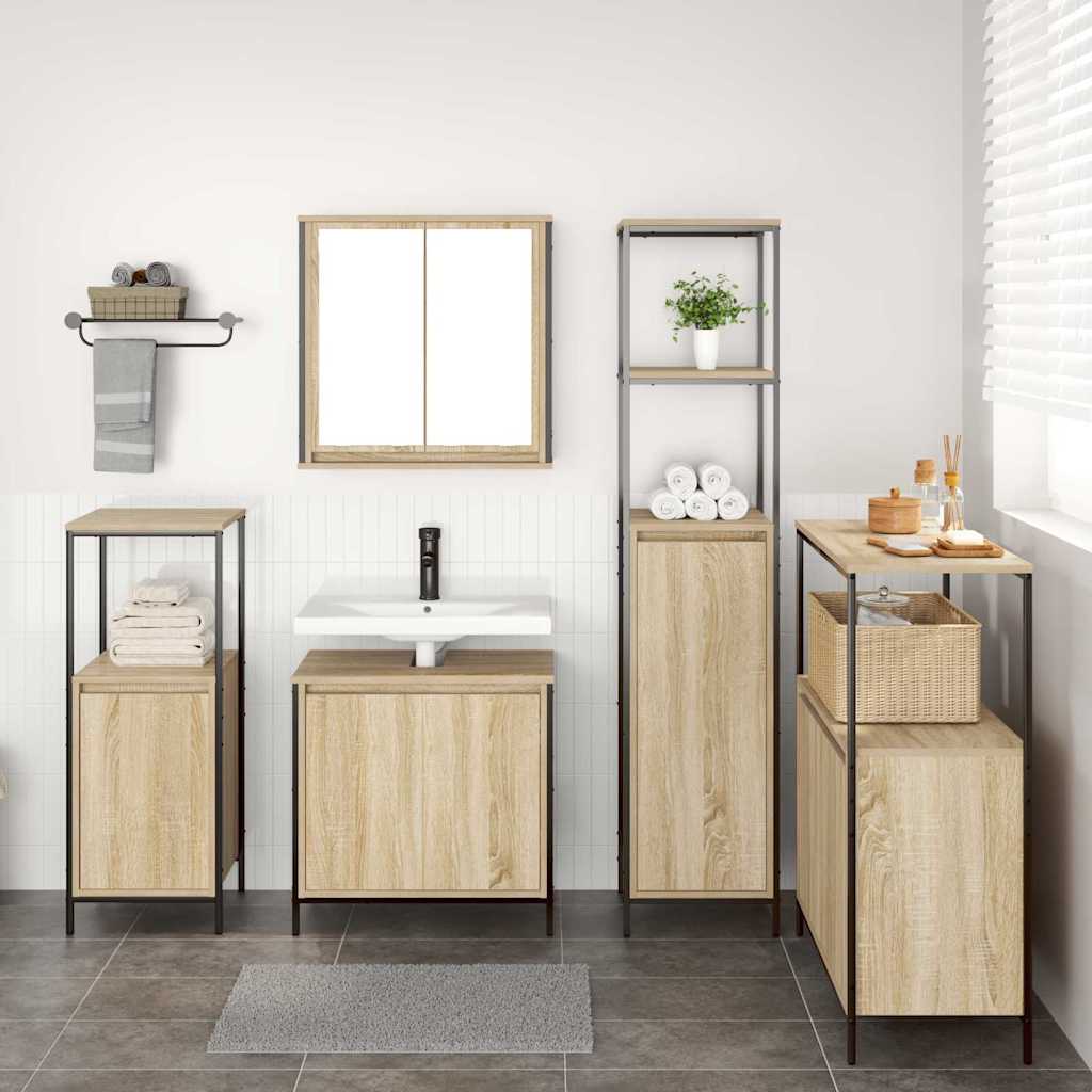 Set di mobili per il bagno con porta 5 pcs Rovere Sonoma e Nero
