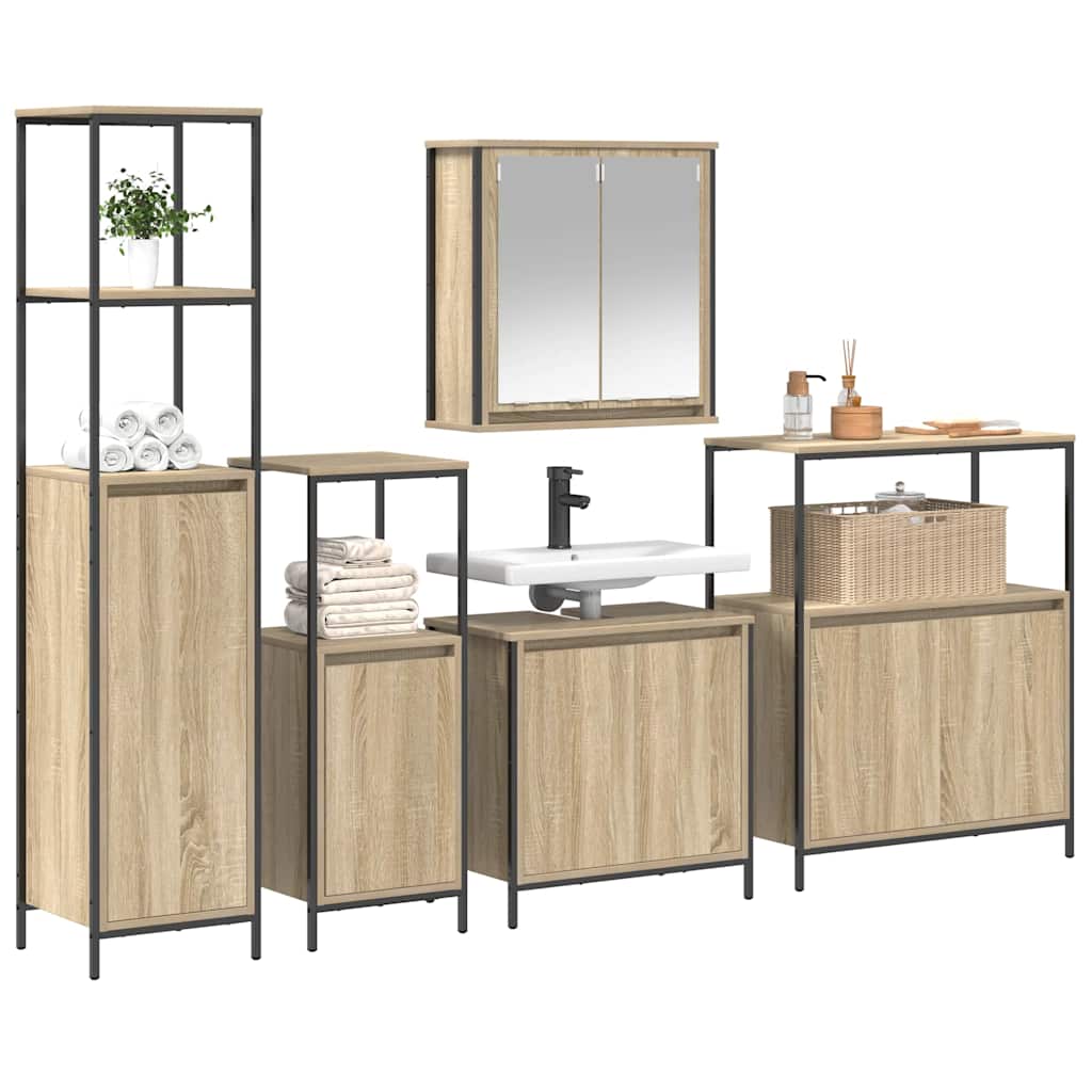 Set di mobili per il bagno con porta 5 pcs Rovere Sonoma e Nero | homemem39