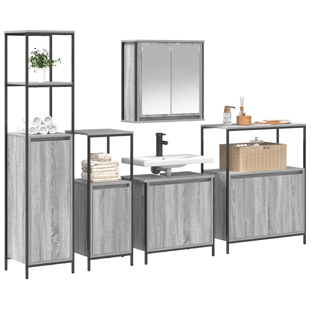 Set di mobili per il bagno con porta 5 pcs Grigio Sonoma e Nero