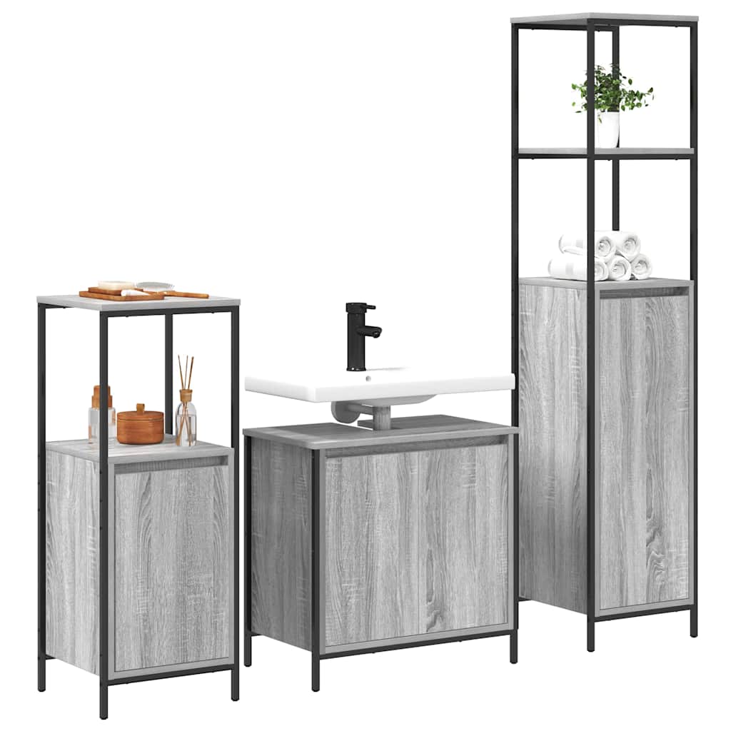 Set di mobili per il bagno con porta 3 pcs Grigio Sonoma e Nero | homemem39
