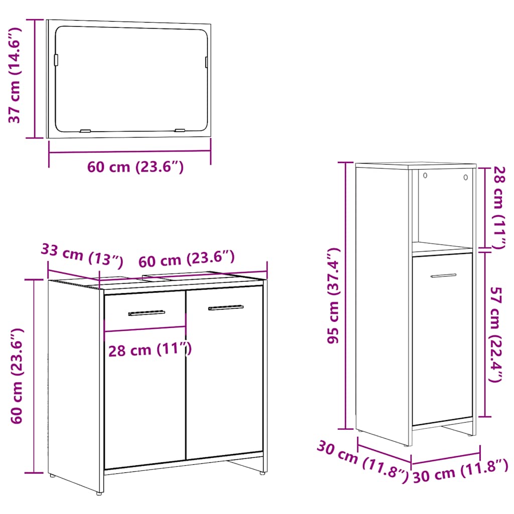 Set Mobili da Bagno 3 pz Rovere Artigianale Legno Multistrato | homemem39