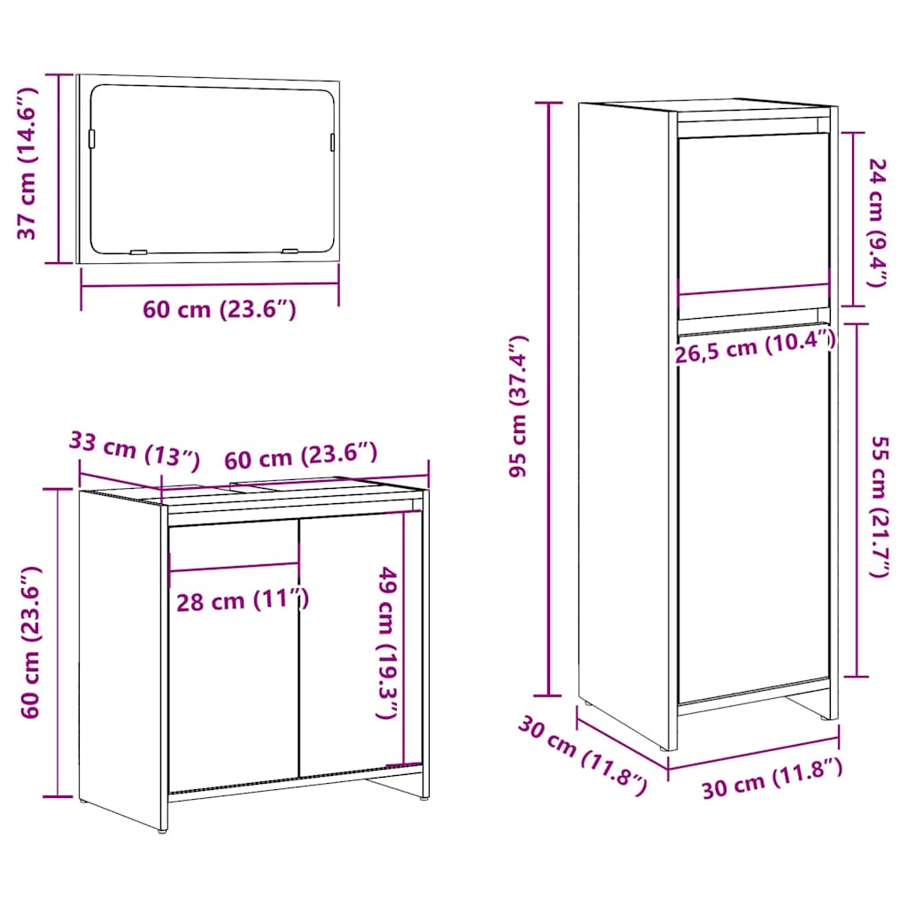Set Mobili da Bagno 3 pz Legno Antico in Legno Multistrato | homemem39