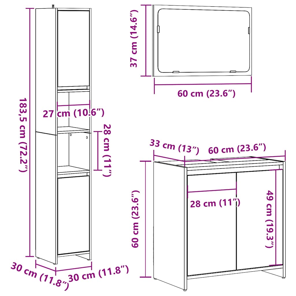 Set Mobili da Bagno 3 pz Legno Antico in Legno Multistrato | homemem39