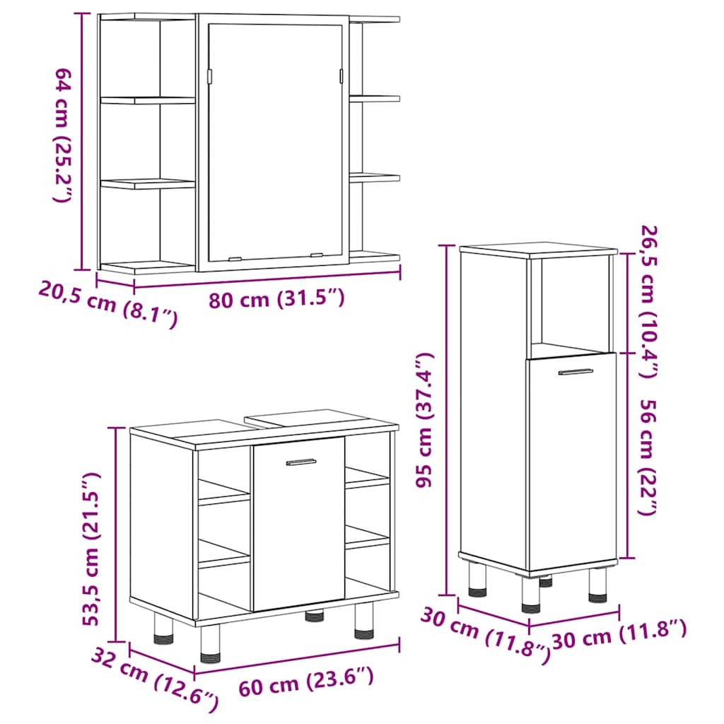 Set Mobili da Bagno 3 pz Rovere Artigianale Legno Multistrato | homemem39