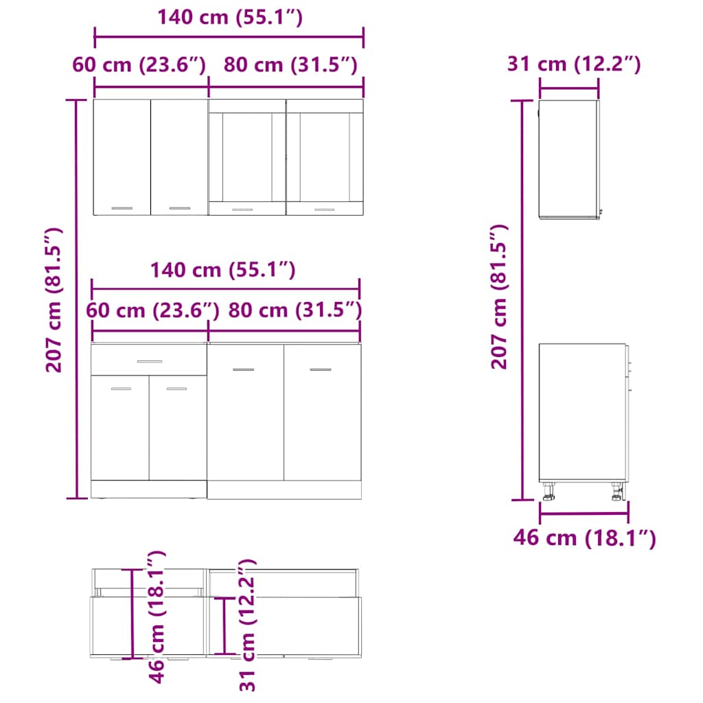 Set di Mobili da Cucina 4 pz Lyon Rovere Artigianale Truciolato