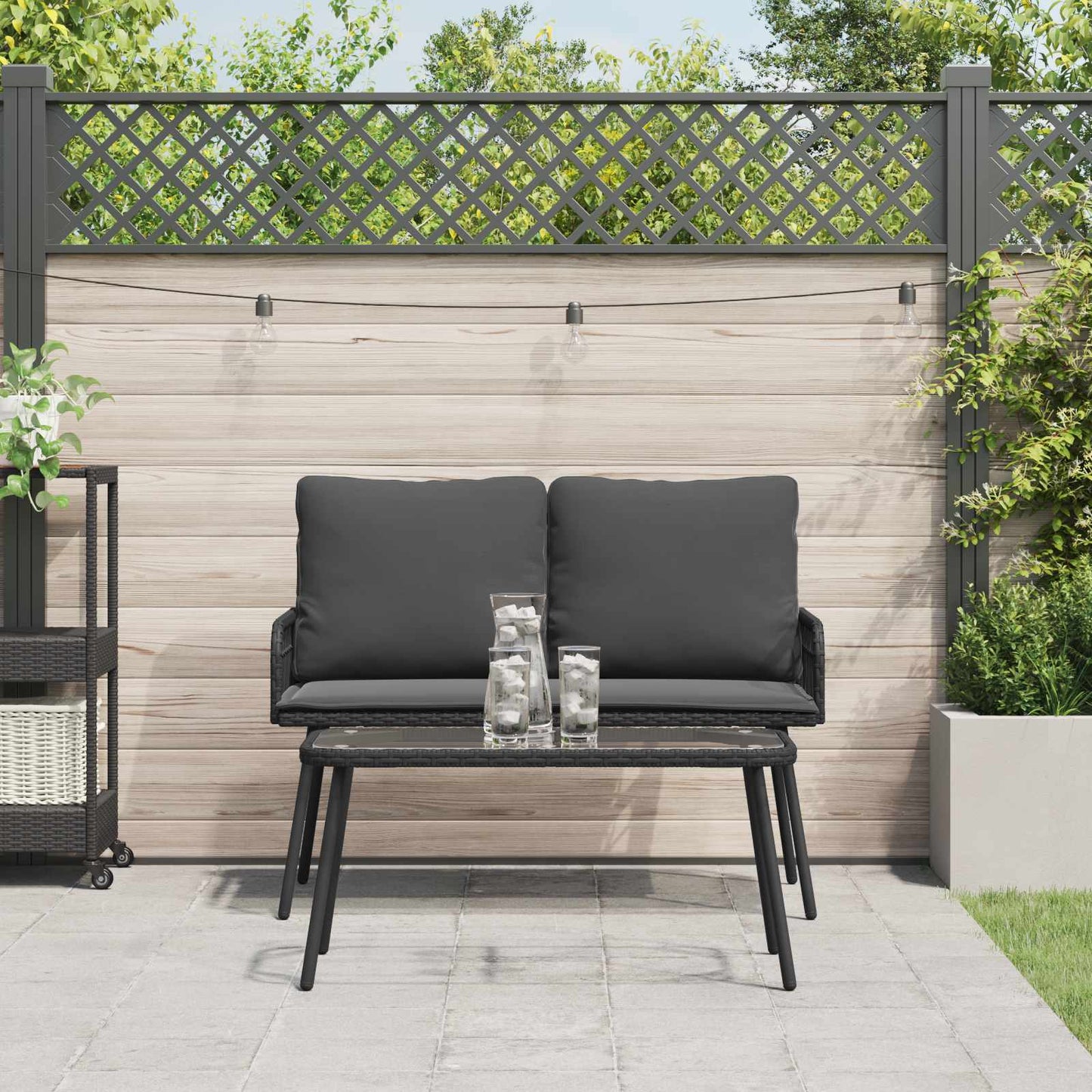 Set da Pranzo per Giardino con cuscino 2 pcs Nero polyrattan | homemem39