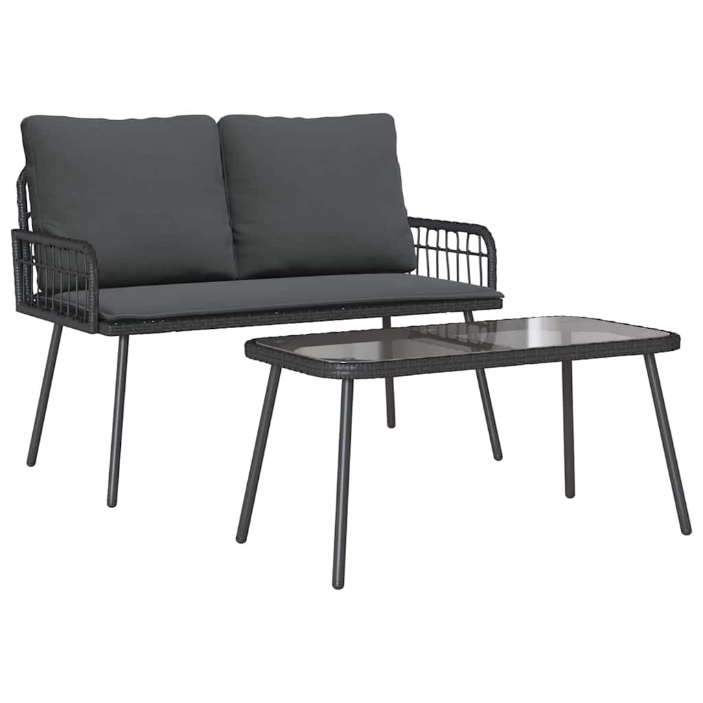 Set da Pranzo per Giardino con cuscino 2 pcs Nero polyrattan | homemem39