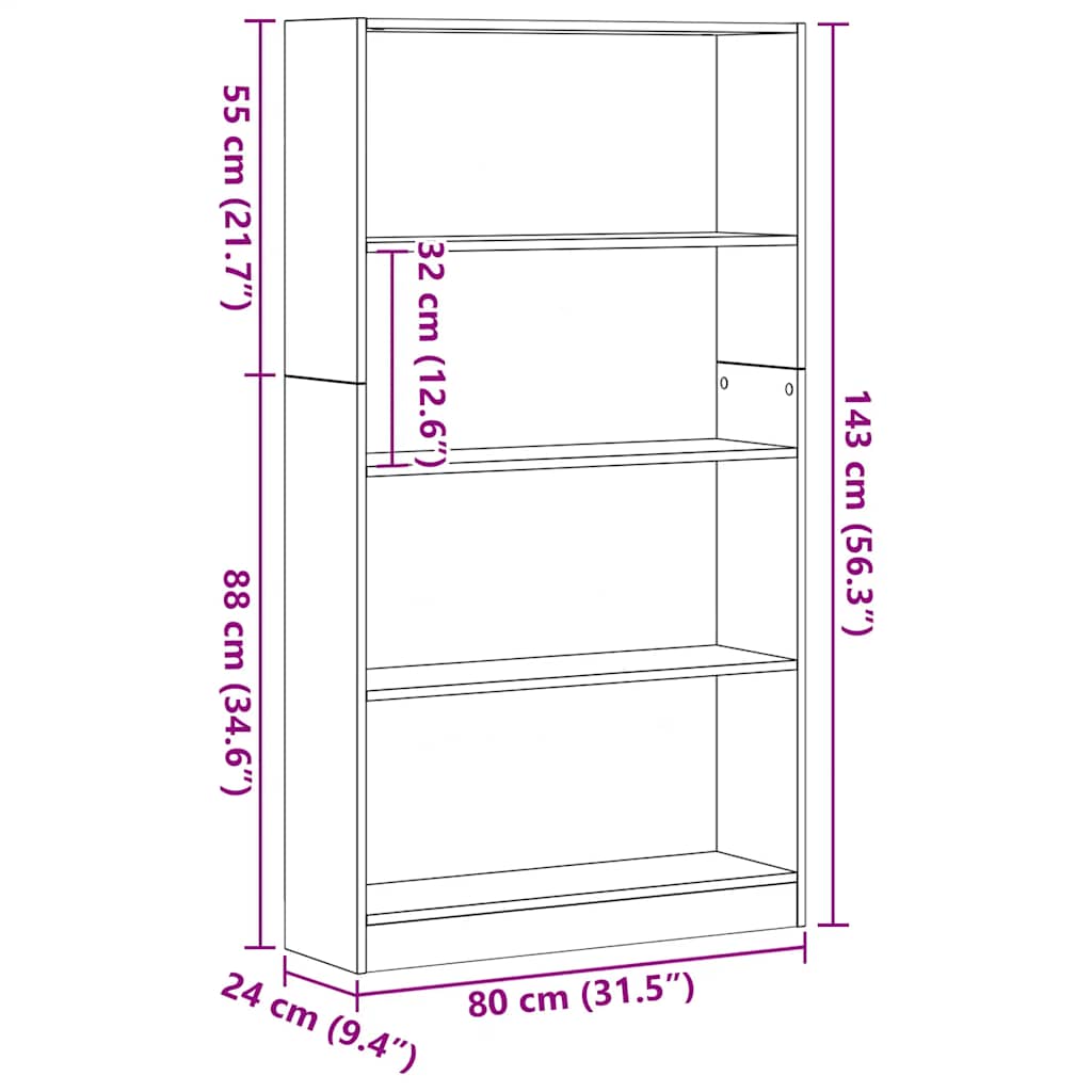 Libreria a 4 Ripiani Rovere Nero 80x24x143 cm in Truciolato | homemem39