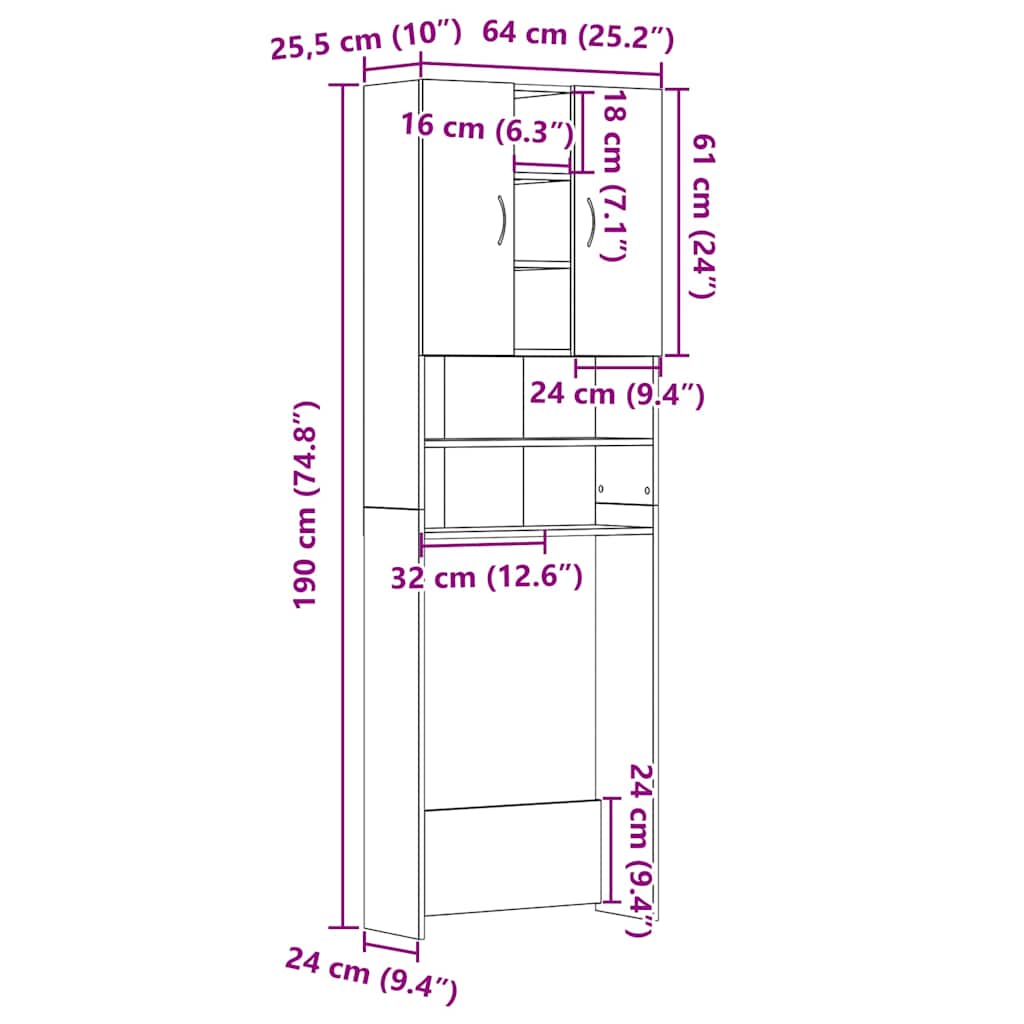 Mobile per Lavatrice Rovere Nero 64x25,5x190 cm | homemem39