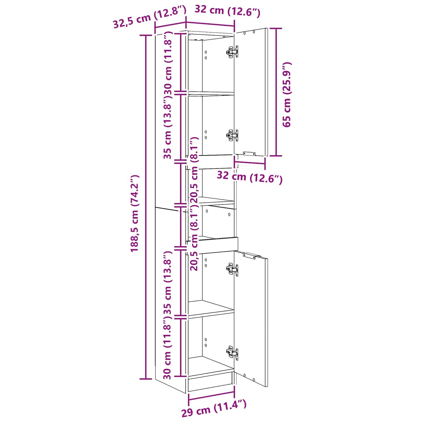 Mobile da Bagno con lo scaffale Rovere nero 32 x 34 x 188,5 cm
