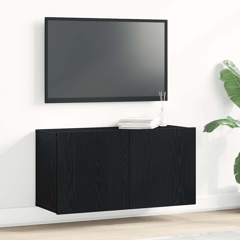 Mobile TV Rovere Nero 80x30x41 cm in Legno Massello