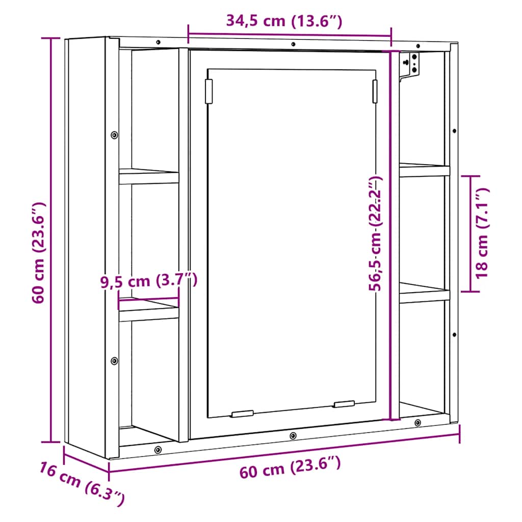 Mobiletto da bagno con specchio in rovere nero 60x16x60 cm