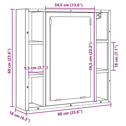 Mobiletto da bagno con specchio in rovere nero 60x16x60 cm