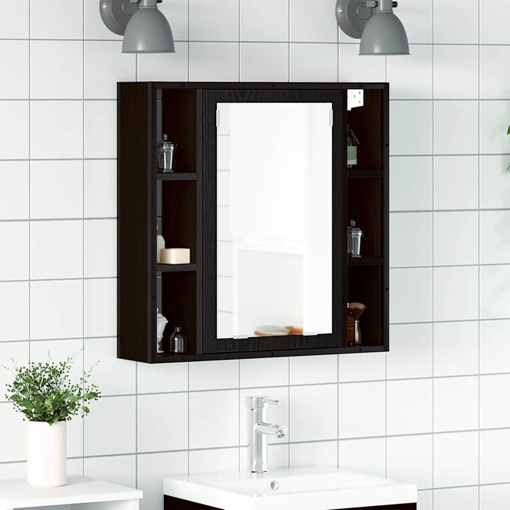 Mobiletto da bagno con specchio in rovere nero 60x16x60 cm