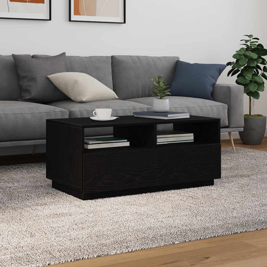 Tavolino da Soggiorno con Luci LED Rovere Nero 90x49x40 cm