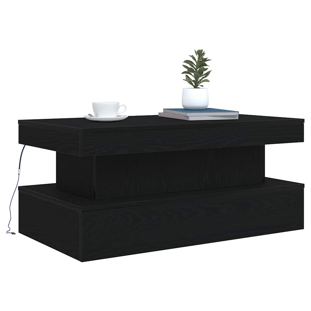 Tavolino da Soggiorno con Luci LED Rovere Nero 90x50x40 cm
