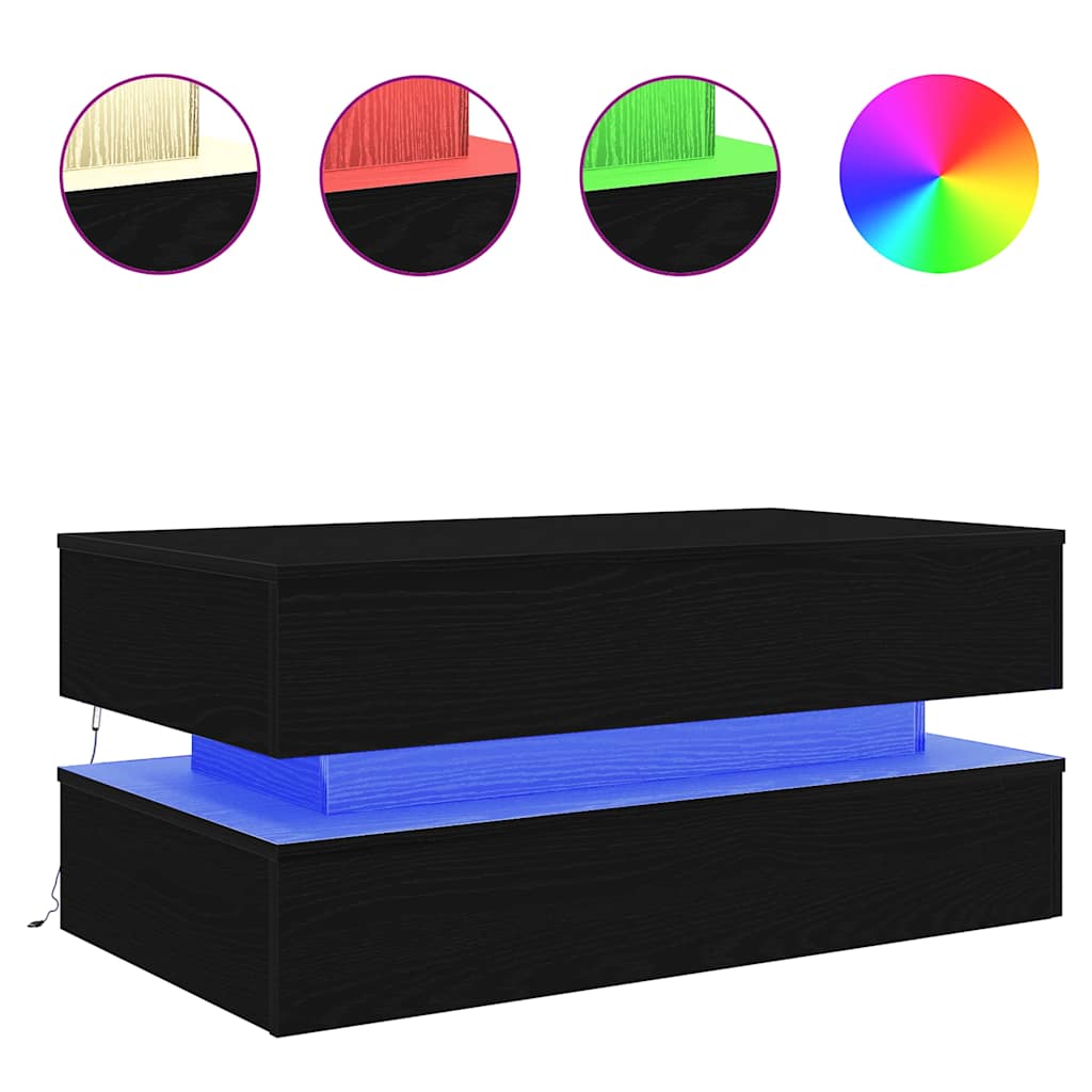 Tavolino da Soggiorno con Luci LED Rovere Nero 90x50x40 cm | homemem39