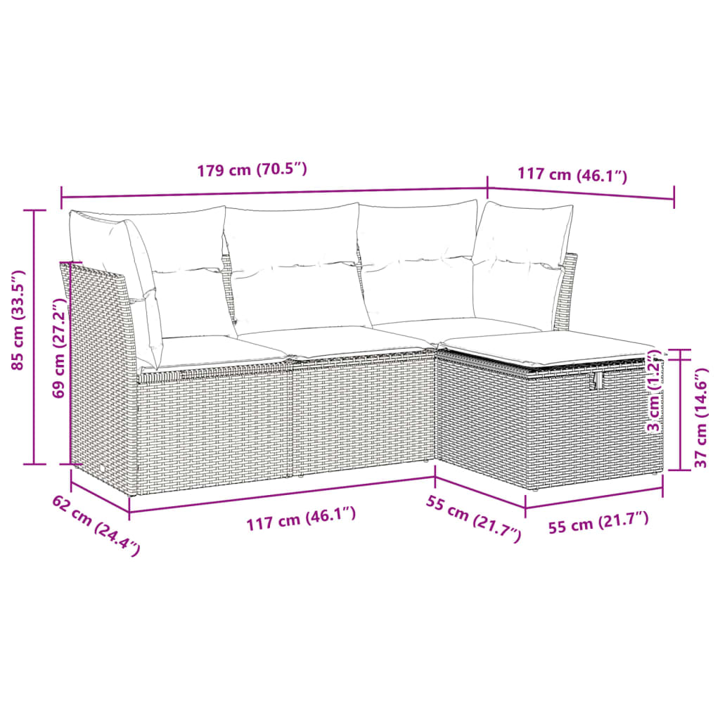 Set Divani da Giardino 4 pz con Cuscini Nero in Polyrattan | homemem39